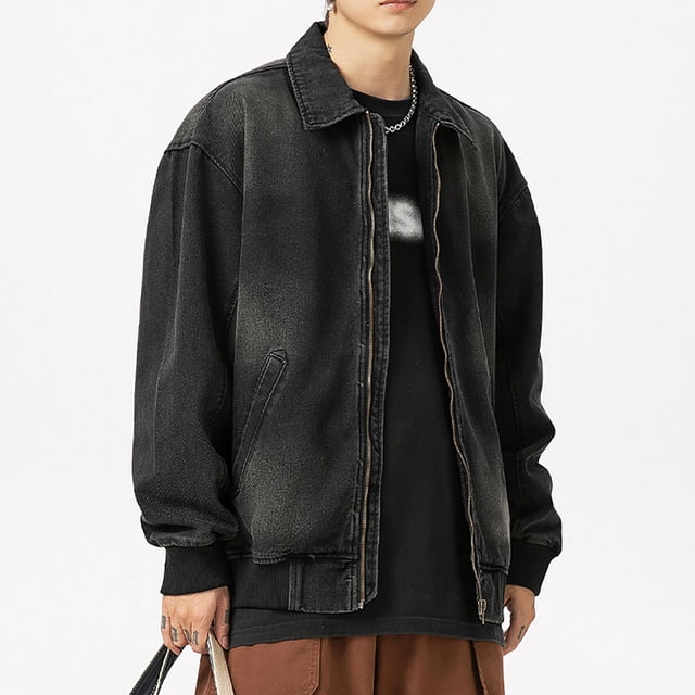 Maoxin Men's Coats and Jackets Men's Vintage Motorcycle Denim Zipper Pocket Long Sleeved Casual Jacket Black M
