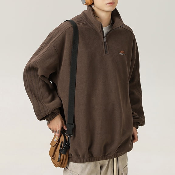 Maoxin Men's Coats and Jackets Men's Vintage Warm Solid Color Half Zipper Pocket Long Sleeved Casual Jacket Brown XL