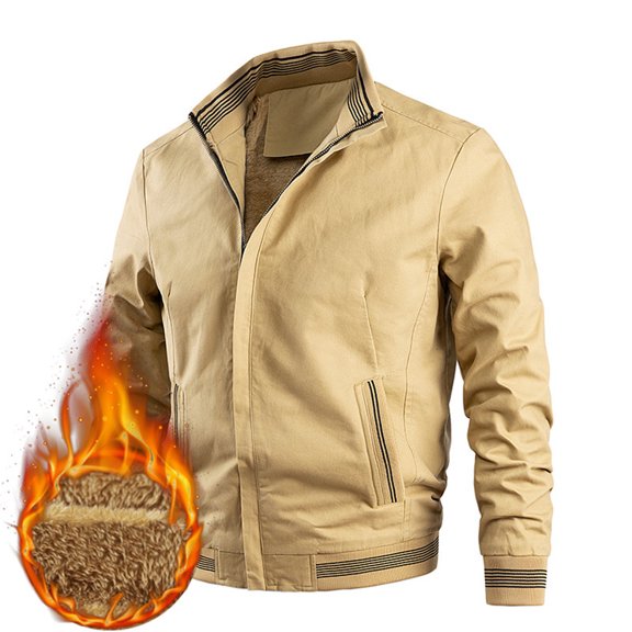 Maoxin Men's Coats and Jackets Men's Vintage Warm Solid Color Zipper Pocket Long Sleeved Casual Jacket Khaki 5XL