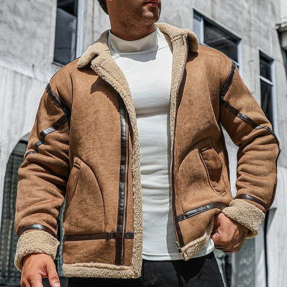 Maoxin Men's Coats and Jackets Men's Vintage Winter Solid Color Thicken Zippered Pockets Long Sleeved Turndown Collar Casual Jacket Brown M