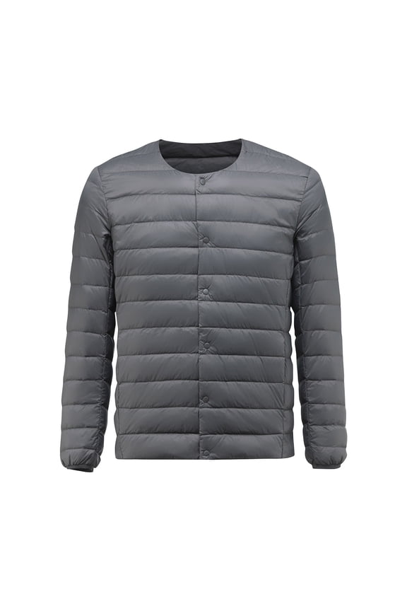Men's Jacket Men' Solid Color Round Neck Down Jacket With Warm Button Pocket Long Sleeved Hooded Casual Jacket Gray 2XL