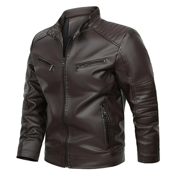 Maoxin Men's Jacket Men Zipper Pocket Artificial Leather Clothing Long Sleeves No Hat Fall And Winter Loose Coat Plus Size Leather Jackets for Men Brown XL