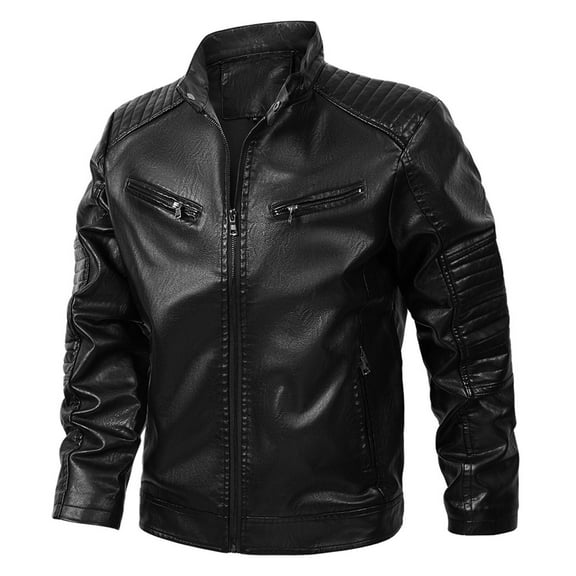 Maoxin Men's Jacket Men Zipper Pocket Artificial Leather Clothing Long Sleeves No Hat Fall And Winter Loose Coat Jackets for men Black XL
