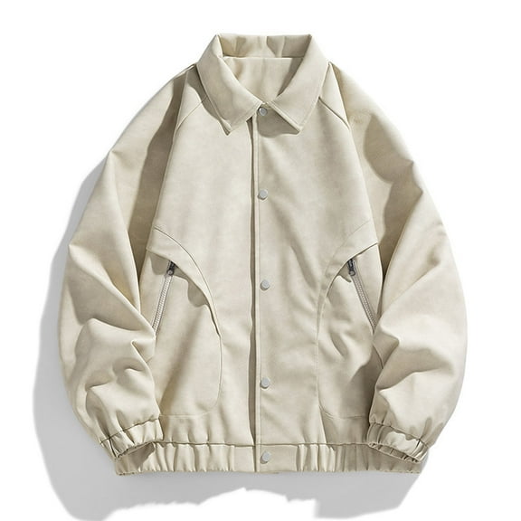 Maoxin Men's Jacket Men's Casual Loose Fitting Long Sleeved Hooded Jacket Long Sleeve Hoodless Faux Leather Outwear Jackets Plus Size Leather Jackets for Men Beige 2XL