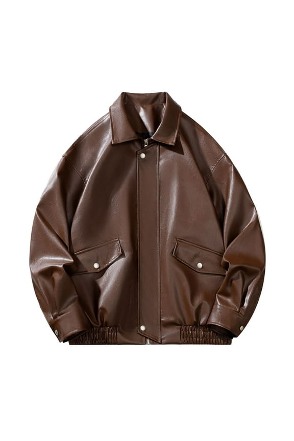 Men's Jacket Men's Dashion Motorcycle Solid Color Vintage Button Pocket Leather Long Sleeved Hooded Jacketss for men Coffee 2XL