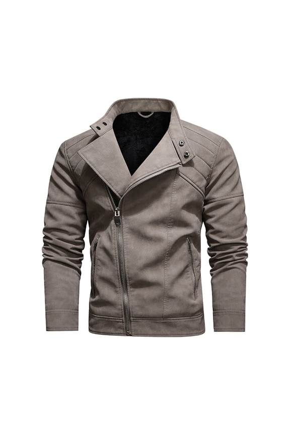 Men's Jacket Men's Dashion Motorcycle Solid Color Zipper Pocket With Velvet Leather Long Sleeved Hooded Jacket Plus Size Leather Jackets for Men Khaki XL
