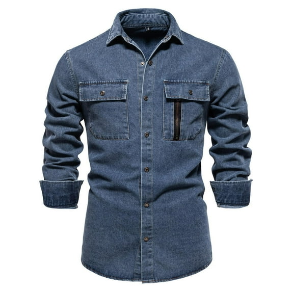 Maoxin Men's Jacket Men's Denim Workwear Jacket Loose Casual Men's Top Long Sleeved Hooded Casual Jacket/jacket Dark Blue 2XL