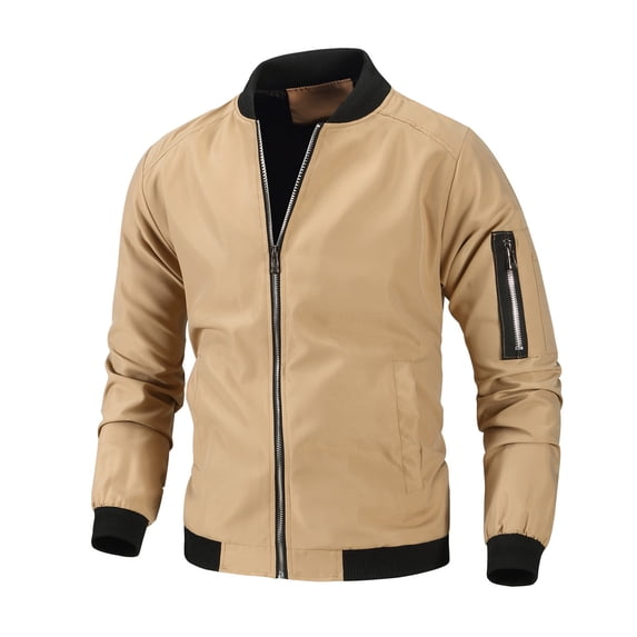 Maoxin Men's Jacket Men's Fashion Casual Baseball Uniform Stand Collar Jacket Solid Pocket Zipper Long Sleeve Jacket Coat Khaki L