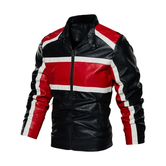 Maoxin Men's Jacket Men's Fashion Casual Color Block Pockets Zipper Long Sleeve Hoodless Faux Leather Outwear Coat Plus Size Leather Jackets for Men Red 3XL