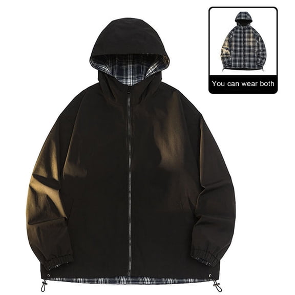 Maoxin Men's Jacket Men's Fashion Casual Double-sided Plaid Long-sleeved Hooded Casual Coat/jacket Jackets for Men , Black , XL