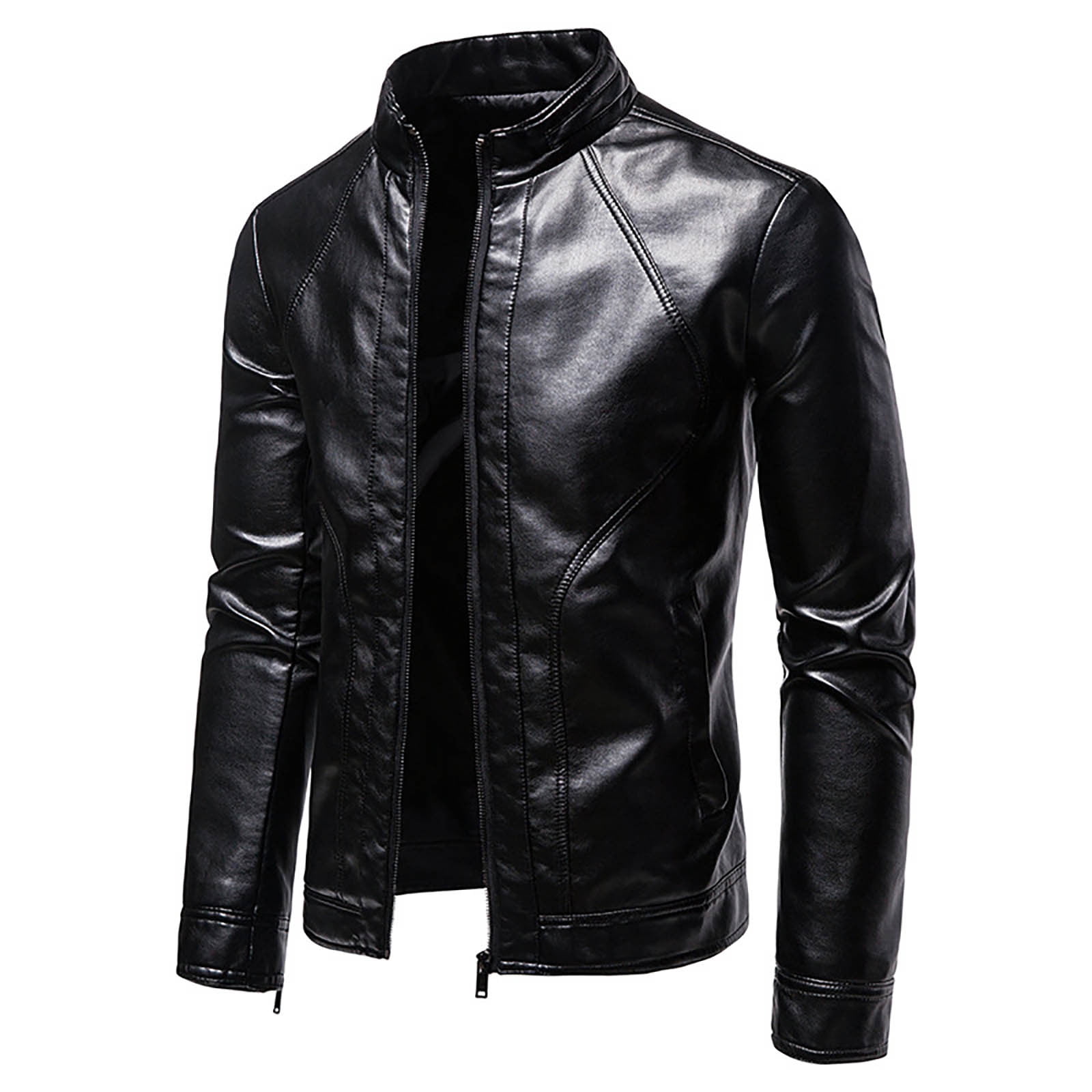 Maoxin Men's Jacket Men's Fashion Casual Leather Long Jacket Sleeve Lapel Pocket Zipper Fitted Top Coat Black XL