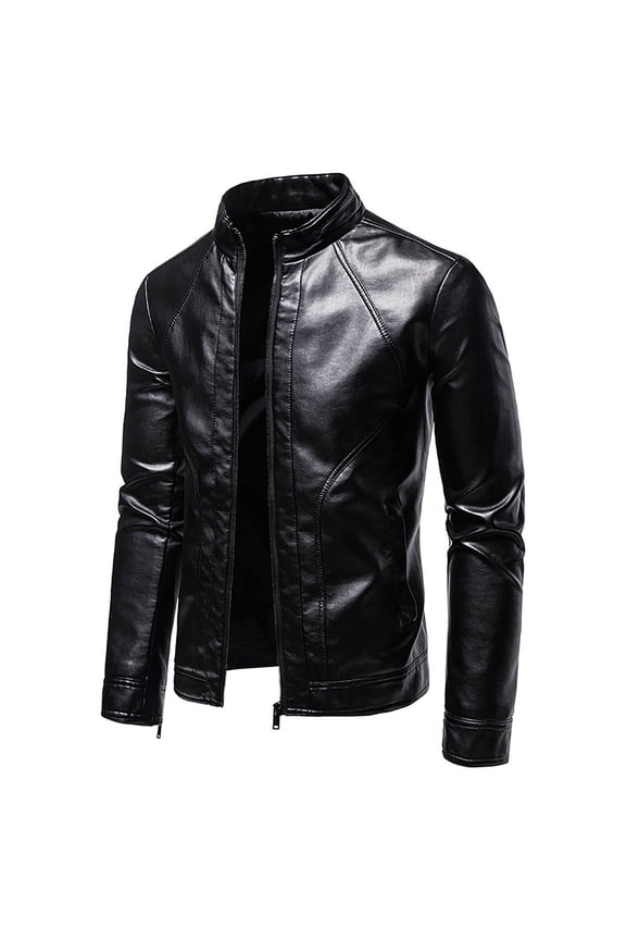 Men's Jacket Men's Fashion Casual Leather Long Jacket Sleeve Lapel Pocket Zipper Fitted Top Coat Black XL