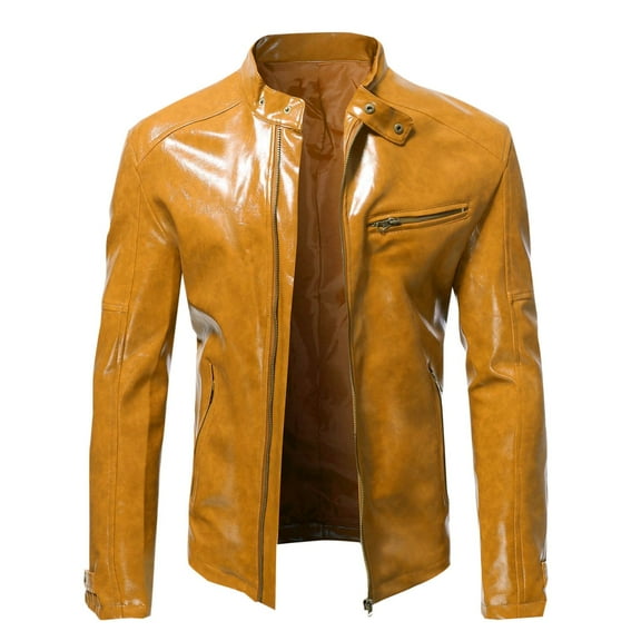 Maoxin Men's Jacket Men's Fashion Casual Solid Color Zipper Pockets Long Sleeve Hoodless Casual Outwear Plus Size Leather Jacket Yellow 3XL