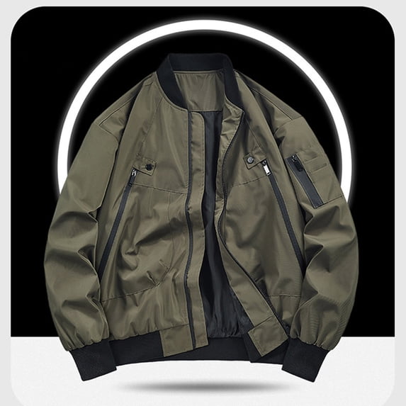 Maoxin Men's Jacket Men's Fashion Solid Color Zipper Pocket Long Sleeved Casual Jacket Khaki 3XL