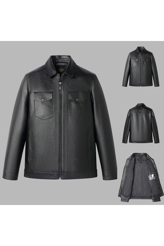 Men's Jacket Men's Fashion Vintage Motorcycle Solid Color Zipper Pocket Leather Long Sleeved Hooded Jacket Plus Size Leather Jacket Black M