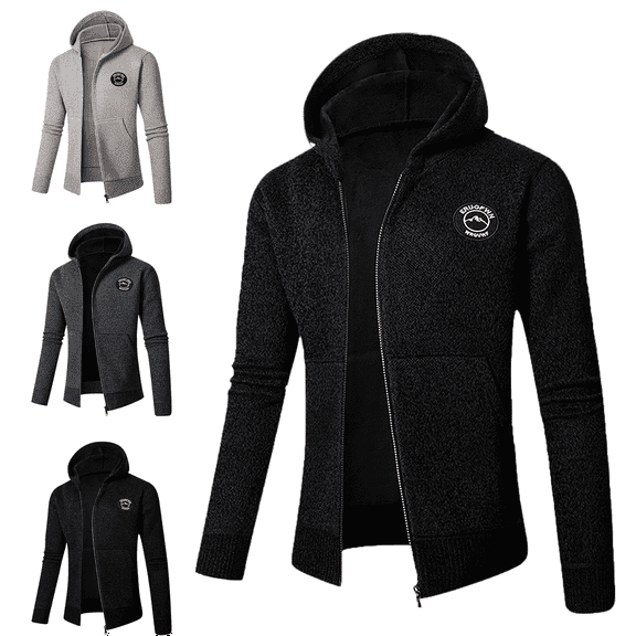 Men's Jacket Knitted Sweater Hooded Cardigan Casual Solid Color Long Sleeved Hooded Jackets for Men,Black,M