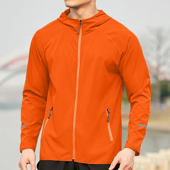Maoxin Men's Jacket Men's Solid Color Breathable Sports And Ditness Training Long Sleeved Hooded Casual Windbreaker Jacket Jackets for Men , Orange , 3XL
