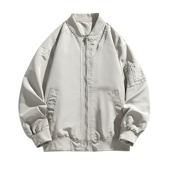 Maoxin Men's Jacket Men's Solid Color Casual Loose Fitting Long Sleeved Hooded Baseball Uniform Jacket Long Sleeve Hoodless Casual Outwear Jackets Beige 2XL