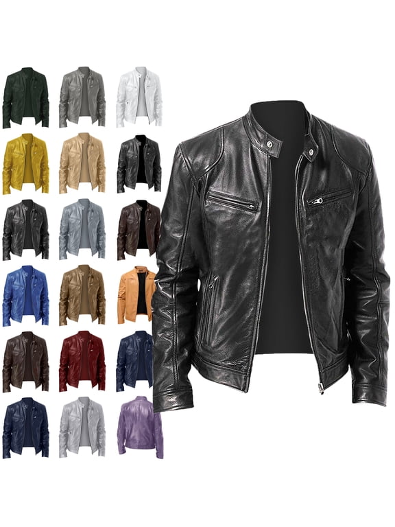 Men's Jacket Men's Solid Color Long Sleeved Casual Leather Jacket Long Sleeve Hoodless Faux Leather Outwear Jackets Plus Size Jackets for Men Black L