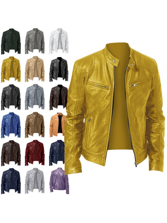 Men's Jacket Men's Solid Color Long Sleeved Casual Leather Jacket Long Sleeve Hoodless Faux Leather Outwear Jacketss for men Yellow S