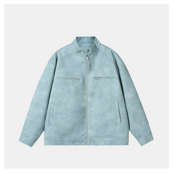 Maoxin Men's Jacket Men's Solid Color Long Sleeved Flip Collar Pocket Button Zipper Leather Jacket Coat Plus Size Jackets for Men Blue XL