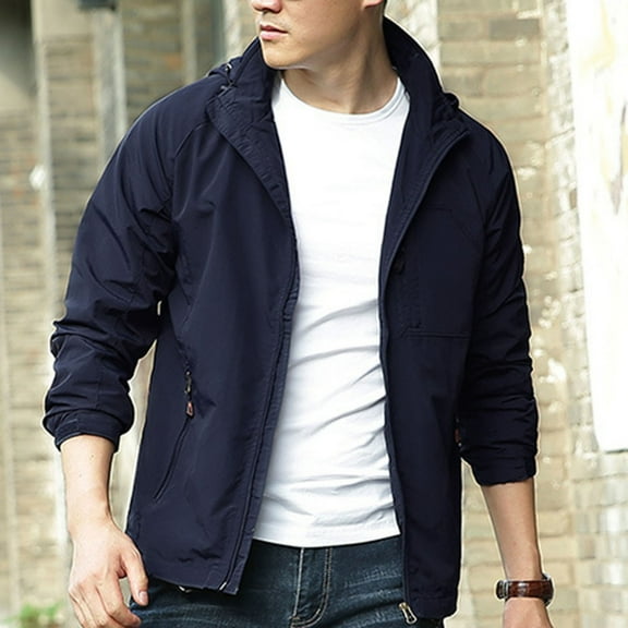 Maoxin Men's Jacket Men's Solid Color Outdoor Water Proofing Pocket Zipper Long Sleeved Detachable Hooded Jacket Jacket Coats , Dark Blue , 3XL