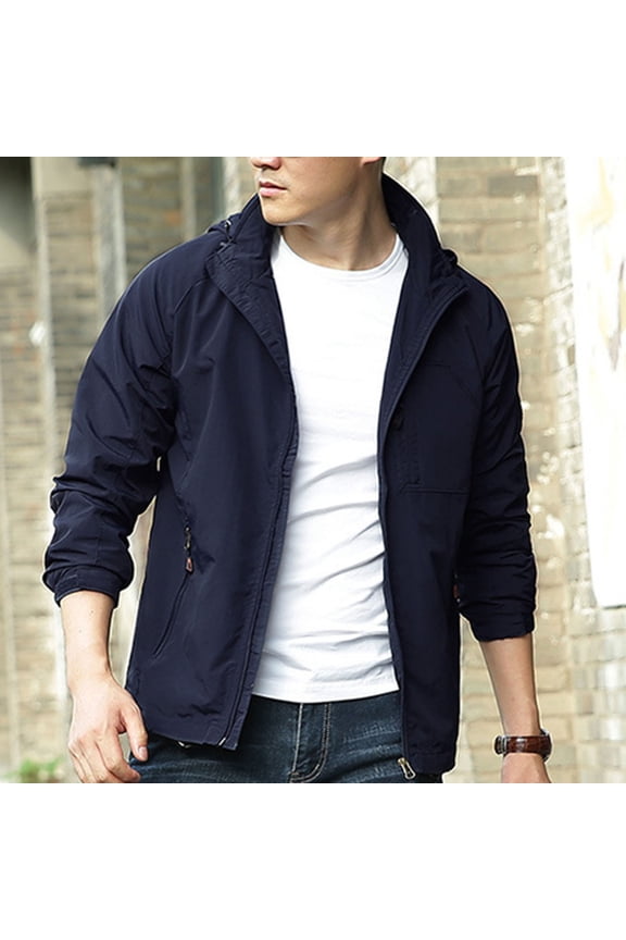 Men's Jacket Men's Solid Color Outdoor Water Proofing Pocket Zipper Long Sleeved Detachable Hooded Jacket Jacket Coats , Dark Blue , 3XL