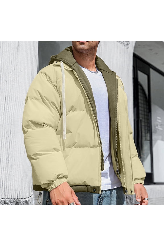 Men's Jacket Men's Solid Color Thick Dake TwoLayer Windproof Pocket Zipper Hooded Outdoor Jacket Jacket Coats , Khaki , M