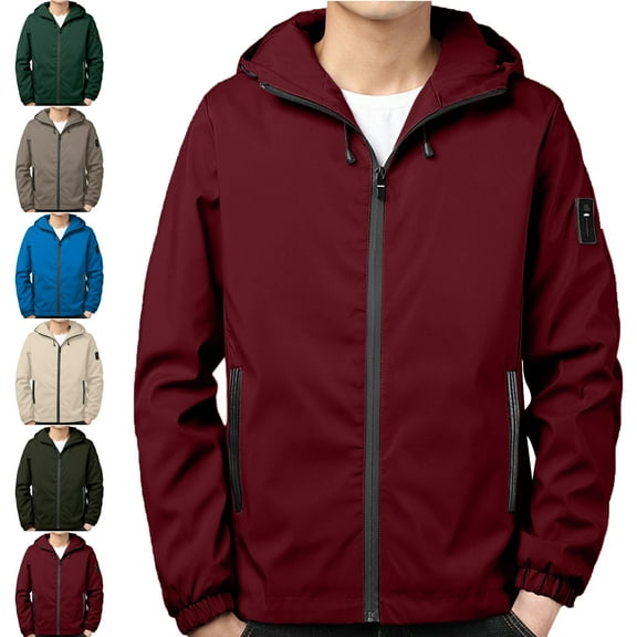 Maoxin Men's Jacket Men's Solid Color Zipper Pocket With Velvet Long Sleeved Hooded Casual Jacket Jacket Coats , Wine , L
