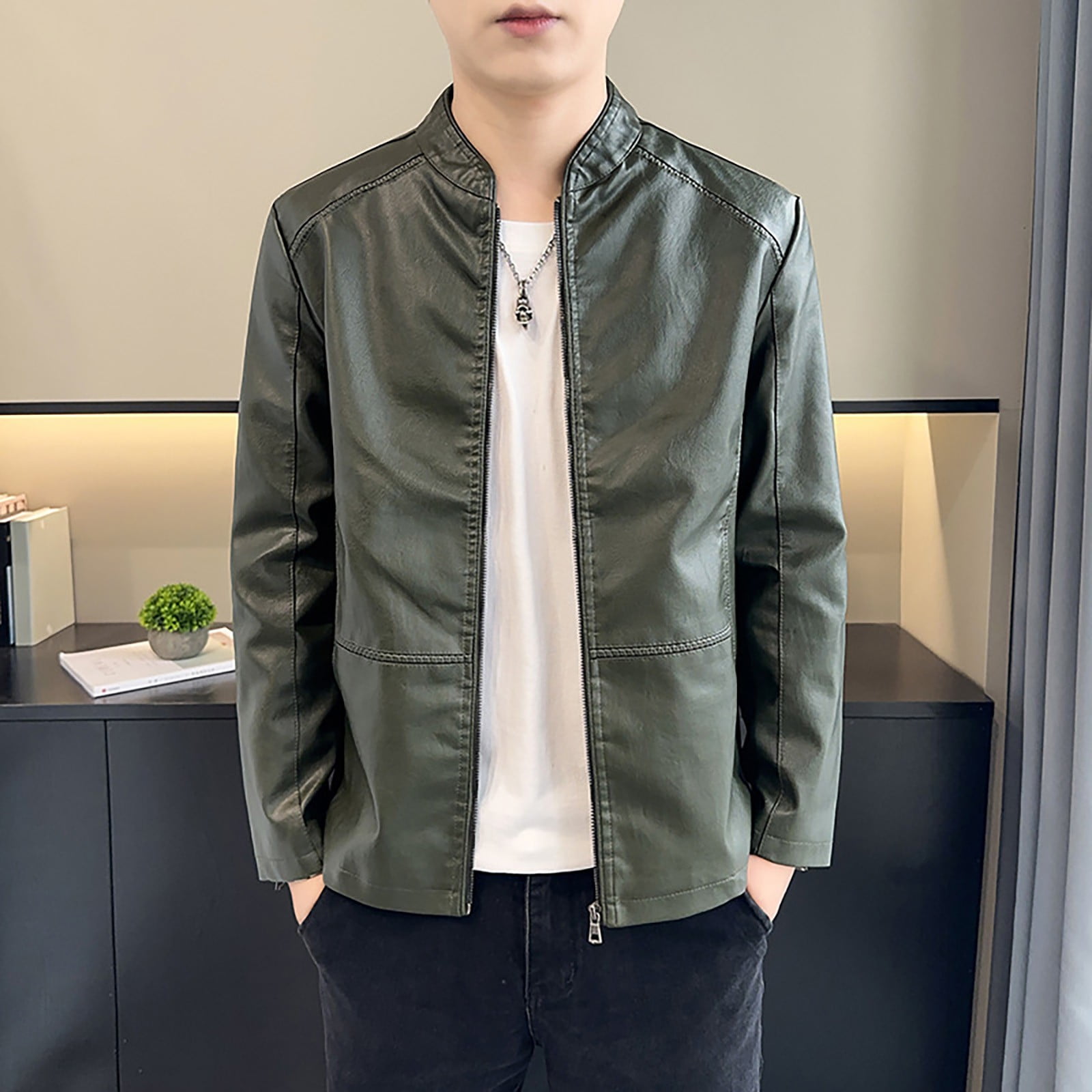 Maoxin Men's Jacket Men's Stand Up Collar Business Casual Leather Jacket Zipper Cardigan Jacket Plus Size Jackets for Men Army Green 4XL