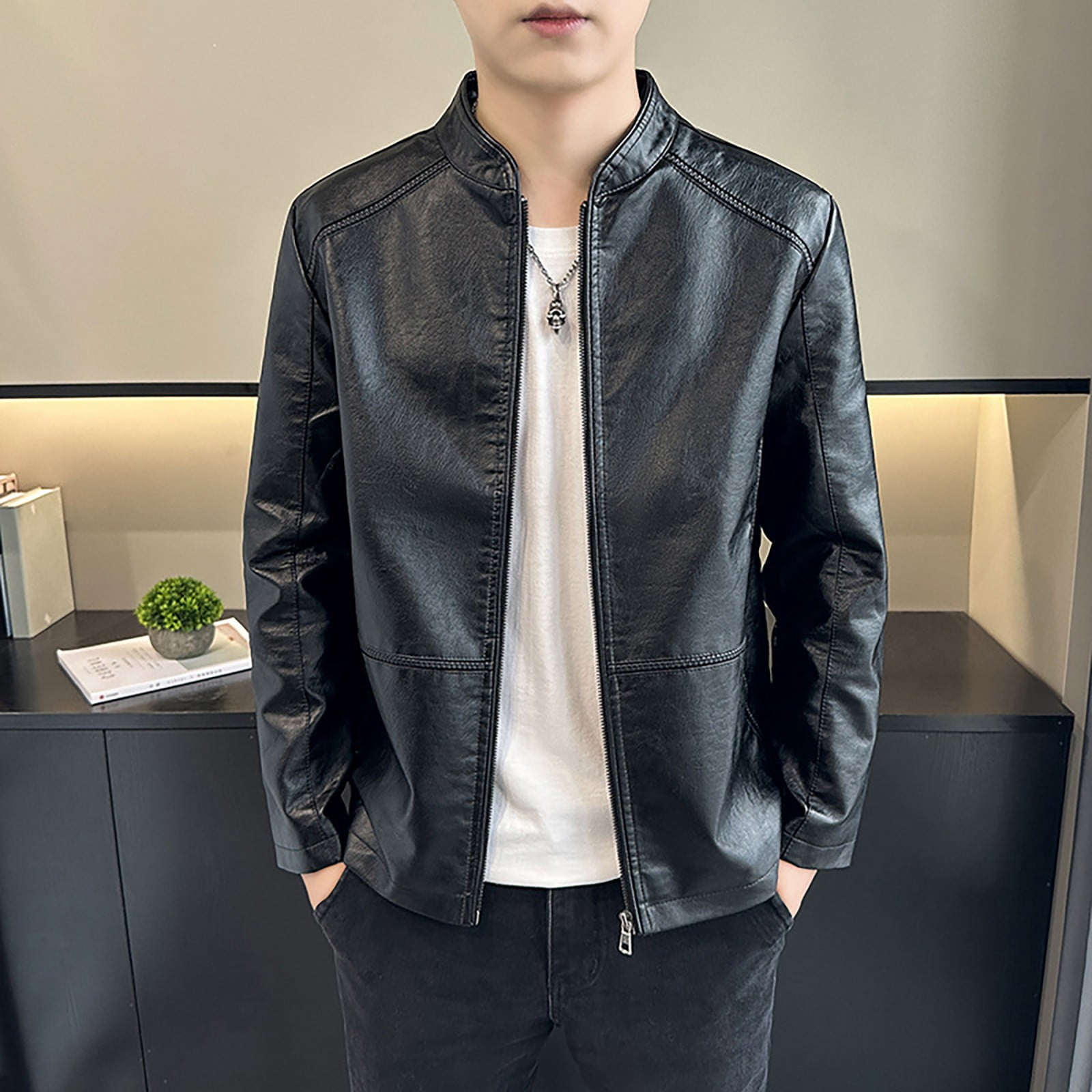 Maoxin Men's Jacket Men's Stand Up Collar Business Casual Leather Jacket Zipper Cardigan Jacket Plus Size Leather Jackets for Men Black 4XL