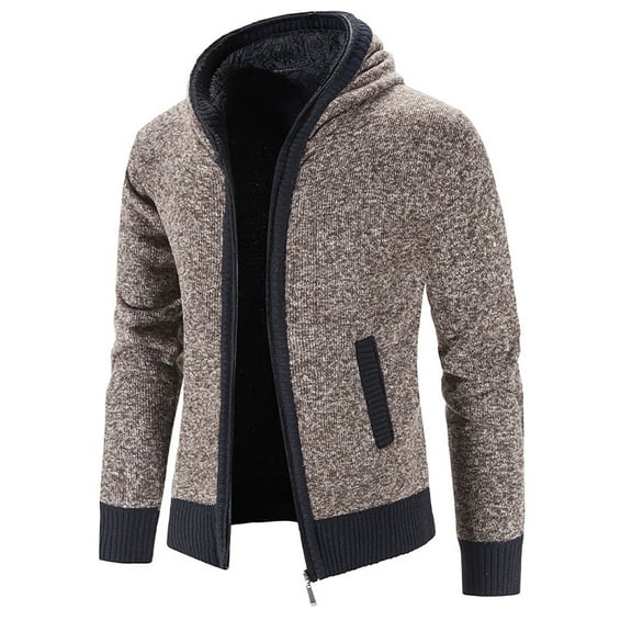 Maoxin Men's Jacket Men's Vintage Knit Solid Color Pocket Zipper Long Sleeved Hooded Casual Jacket Jackets for Men , Coffee , 2XL