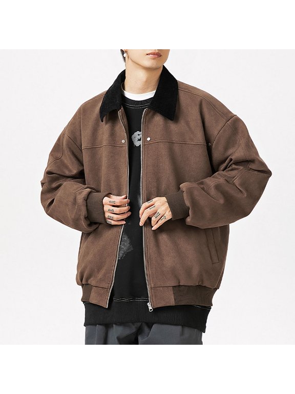 Men's Jacket Men's Vintage Motorcycle Corduroy Solid Color Zipper Pocket Long Sleeved Casual Jacket Coffee L