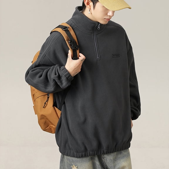 Maoxin Men's Jacket Men's Vintage Warm Solid Color Half Zipper Pocket Long Sleeved Casual Jacket Gray L