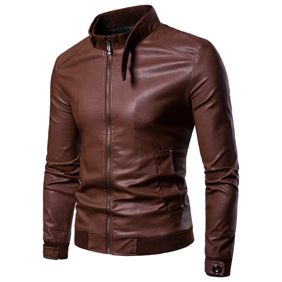 Maoxin Men's Jacket Men's Winter Long Sleeved Leather Motorcycle Jacket Zipper Coat Long Sleeve Hoodless Faux Leather Outwear Jacketss for men Brown M