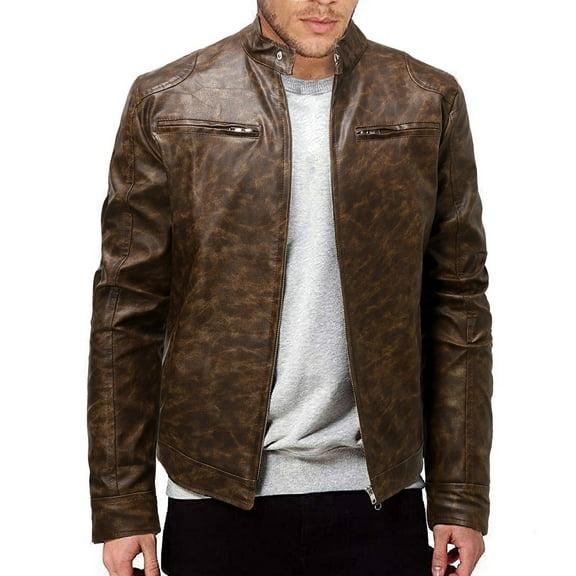 Maoxin Men's Jacket Mens Stand Up Collar Punk Leather Jacket With Zipper And Cardigan Leather Jacket Plus Size Leather Jackets for Men Brown 3XL
