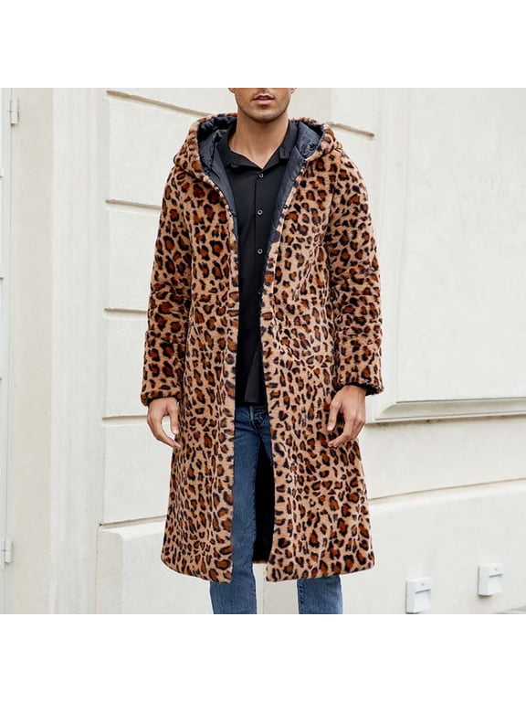 Men's Jacket Mens Warm Faux Furry Long Sleeve Long Coat Jacket Winter Leopard V-neck Outerwear Jackets for Men , Brown , 2XL