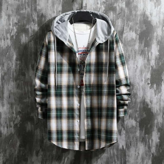 Maoxin Men's Jacket Versatile Hoodie Basic Men's Classic Scottish Plaid Hooded Shirt Long Sleeve Hooded Casual Outwear Jackets Jacket Coats , Green , S