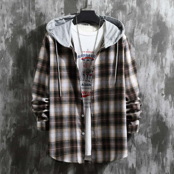 Maoxin Men's Jacket Versatile Hoodie Basic Men's Classic Scottish Plaid Hooded Shirt Long Sleeve Hooded Casual Outwear Jackets Jackets for Men , Coffee , L