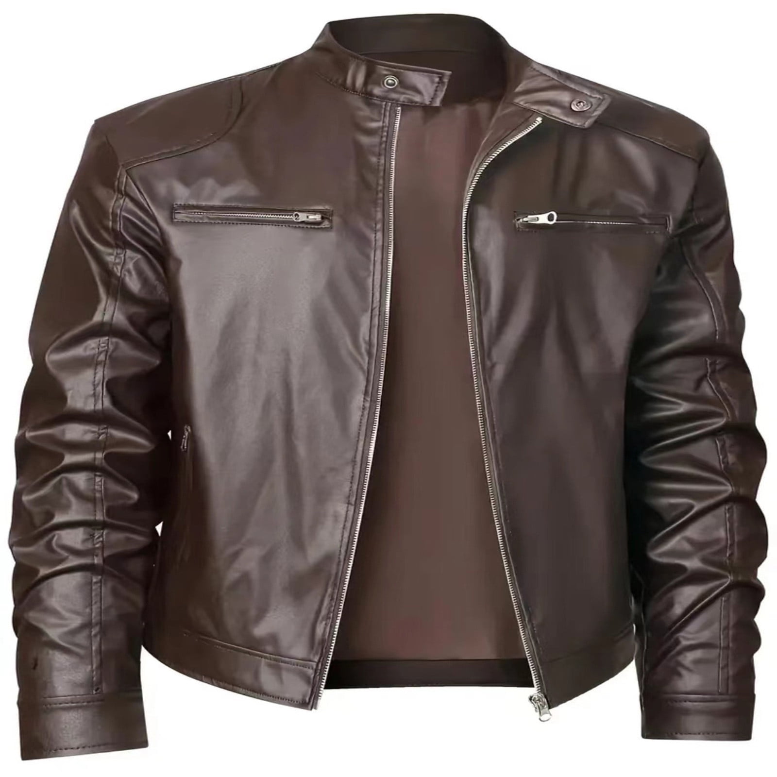 Maoxin Men's Leather Jacket Men Stand Collar Zipper Pocket Solid Color Suit Long Sleeved Hatless Leatherwear Loose Coat Jacket Leather Jacket Men Plus Size Brown 4XL