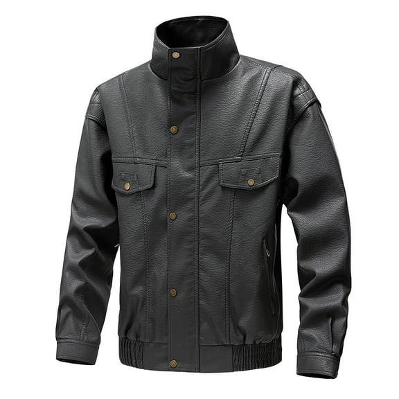 Maoxin Men's Leather Jacket Men Zipper Pocket Artificial Leather Clothing Long Sleeves No Hat Fall And Winter Loose Coat Leather Jackets for Men Gray XL