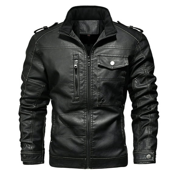 Maoxin Men's Leather Jacket Men Zipper Pocket Artificial Leather Clothing Long Sleeves No Hat Fall And Winter Loose Coat Jacket for men Black XL