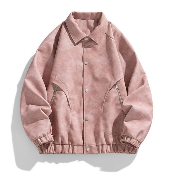 Maoxin Men's Leather Jacket Men's Casual Loose Fitting Long Sleeved Hooded Jacket Long Sleeve Hoodless Faux Leather Outwear Jackets for men Pink 7XL