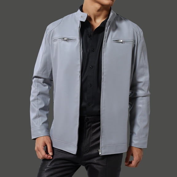 Maoxin Men's Leather Jacket Men's Collar Leather Jacket Casual Loose Men's Top Solid Color Long Sleeved Hooded Leather Jacket/Jackets for men Gray M