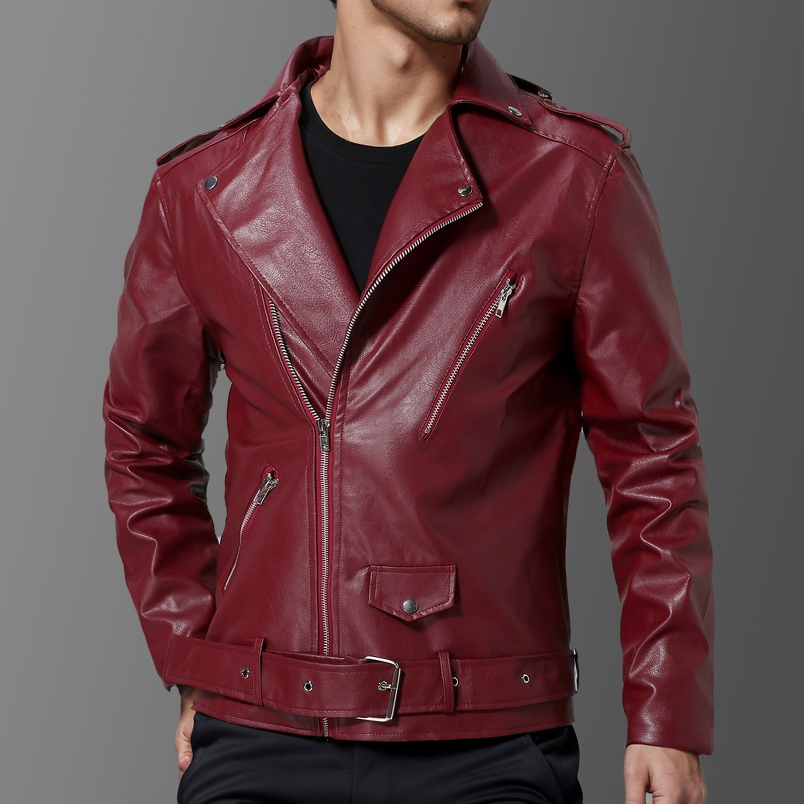 Maoxin Men's Leather Jacket Men's Collar Leather Jacket Casual Loose Men's Top Solid Color Long Sleeved Hooded Leather Jacket/Jackets for men Wine M