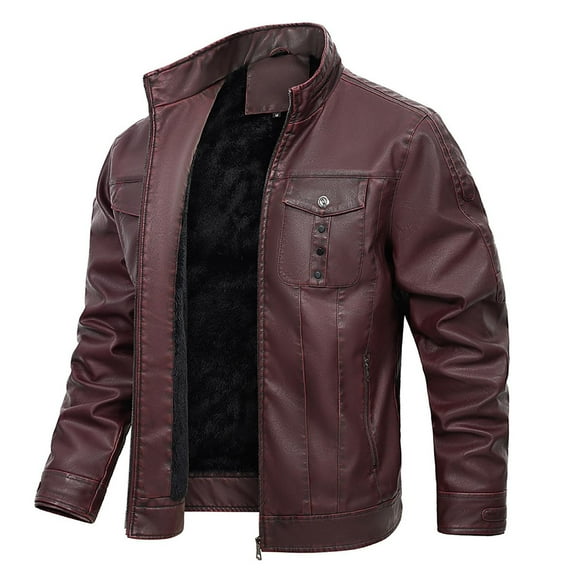 Maoxin Men's Leather Jacket Men's Fashion Motorcycle Solid Color Zipper Pocket Leather Long Sleeved Jackets for men Wine 2XL