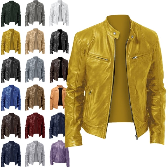 Men's Leather Jacket Men's Solid Color Long Sleeved Casual Leather Jacket Long Sleeve Hoodless Faux Leather Outwear Jackets Leather Jacket Plus Size Yellow 5XL