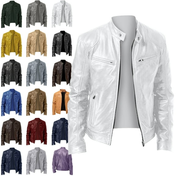 Men's Leather Jacket Men's Solid Color Long Sleeved Casual Leather Jacket Long Sleeve Hoodless Faux Leather Outwear Jackets Leather Jacket Plus Size White 5XL