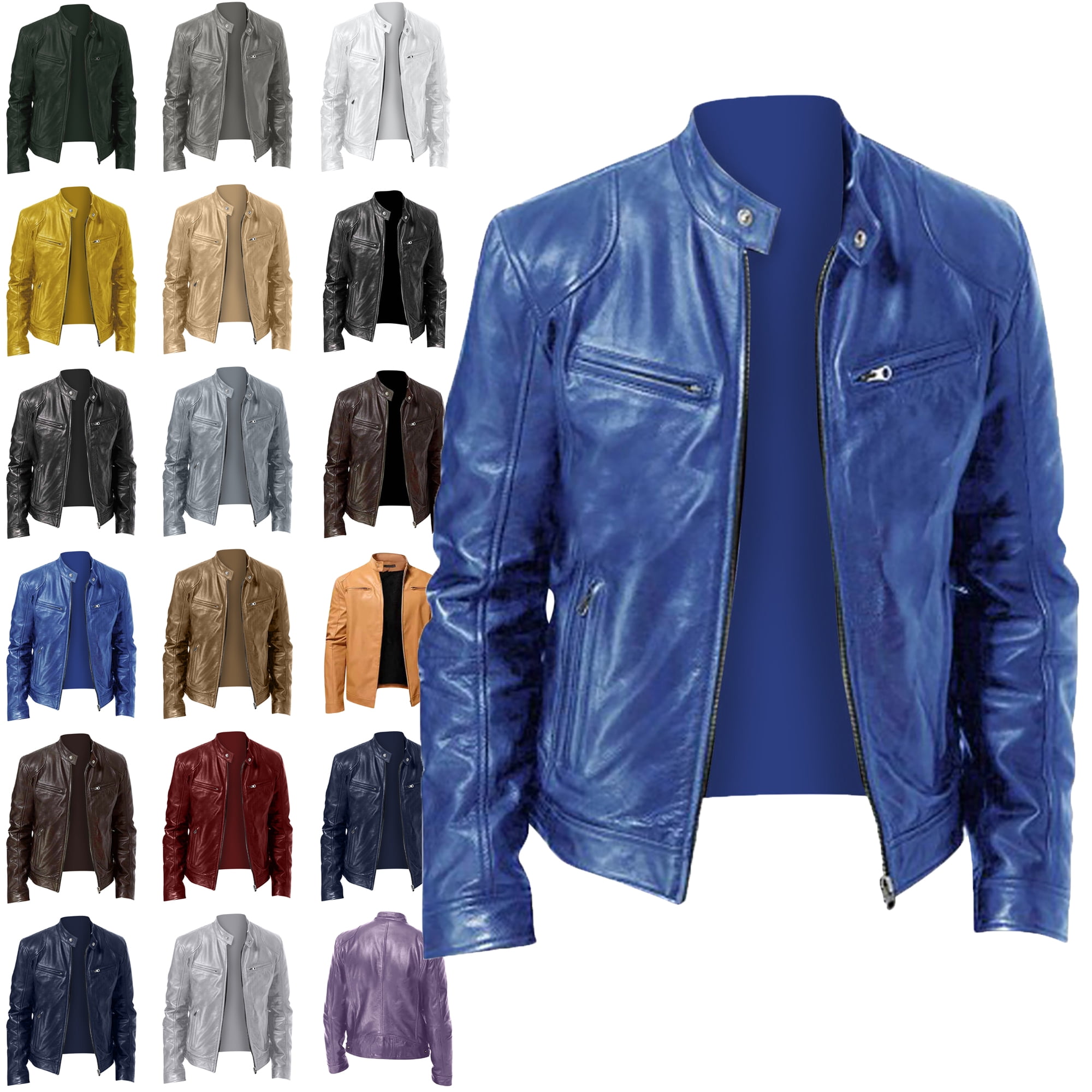 Maoxin Men's Leather Jacket Men's Solid Color Long Sleeved Casual Leather Jacket Long Sleeve Hoodless Faux Leather Outwear Jackets for men Blue M