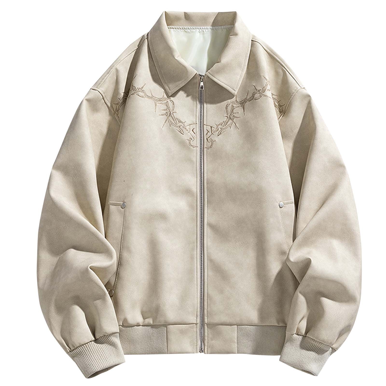 Maoxin Mens Jacket Man Embroidery Solid Color Leisure Zipper Pocket Flip Collar Long Sleeves Leather Jacket Plus Size Leather Jacket Khaki 4XL